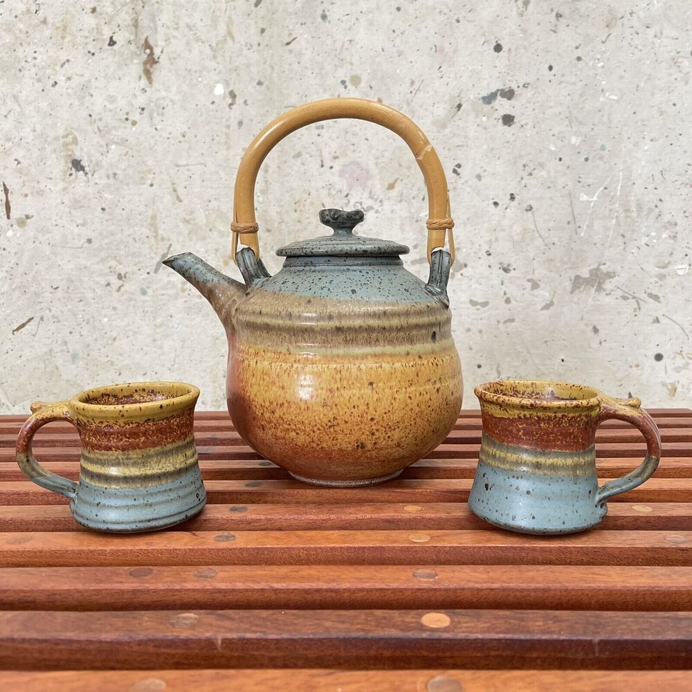 Rare Vintage Wally Schwab Flameware Ceramic Teapot w/ 2 Mugs